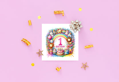 1st Birthday Card for Baby Girl – Colourful Animal Design – Watercolour One Year Old First Birthday Card for Girl, Little One, Daughter, Granddaughter, Niece – Pink Envelope Included