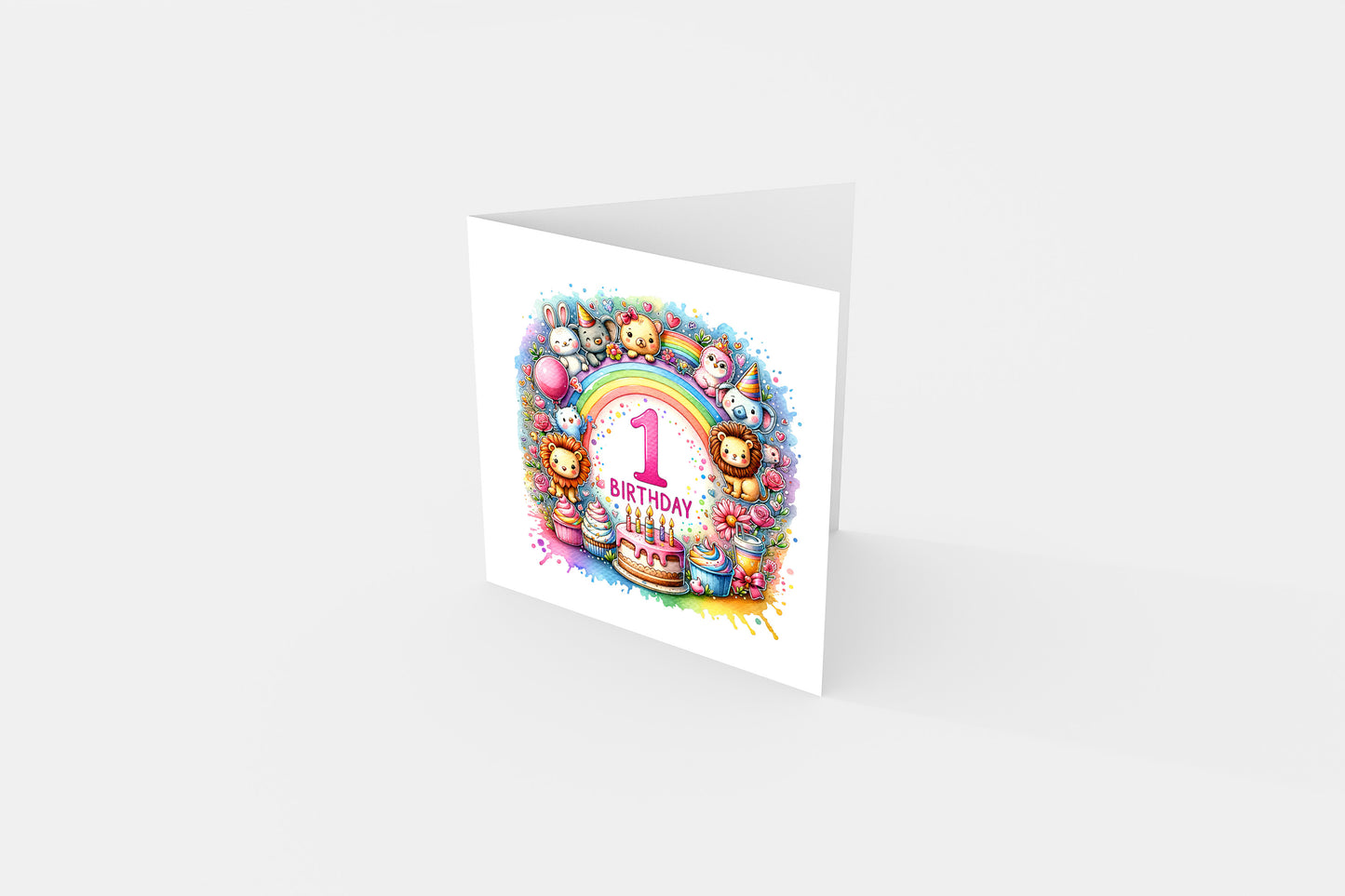 1st Birthday Card for Baby Girl – Colourful Animal Design – Watercolour One Year Old First Birthday Card for Girl, Little One, Daughter, Granddaughter, Niece – Pink Envelope Included