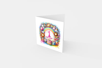 1st Birthday Card for Baby Girl – Colourful Animal Design – Watercolour One Year Old First Birthday Card for Girl, Little One, Daughter, Granddaughter, Niece – Pink Envelope Included