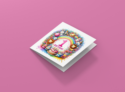 1st Birthday Card for Baby Girl – Colourful Animal Design – Watercolour One Year Old First Birthday Card for Girl, Little One, Daughter, Granddaughter, Niece – Pink Envelope Included