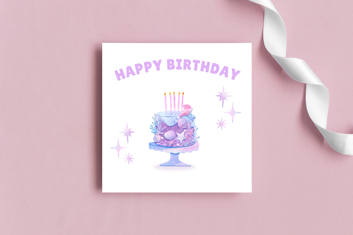 Little Mermaid Cake - Watercolour Style Birthday Folded Card for Girls who loves little mermaid theme, Happy Birthday Card, Birthday Card for Children