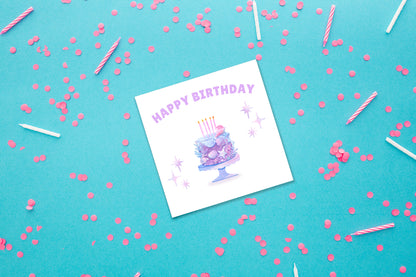 Little Mermaid Cake - Watercolour Style Birthday Folded Card for Girls who loves little mermaid theme, Happy Birthday Card, Birthday Card for Children