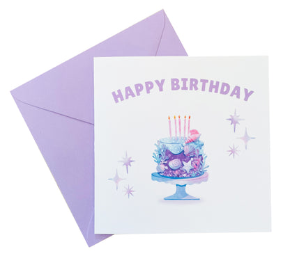 Little Mermaid Cake - Watercolour Style Birthday Folded Card for Girls who loves little mermaid theme, Happy Birthday Card, Birthday Card for Children