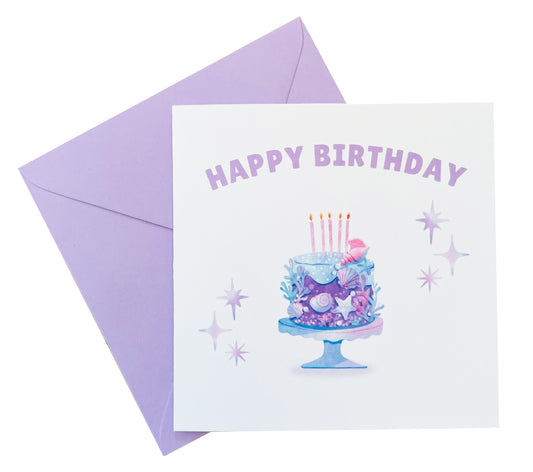 Little Mermaid Cake - Watercolour Style Birthday Folded Card for Girls who loves little mermaid theme, Happy Birthday Card, Birthday Card for Children