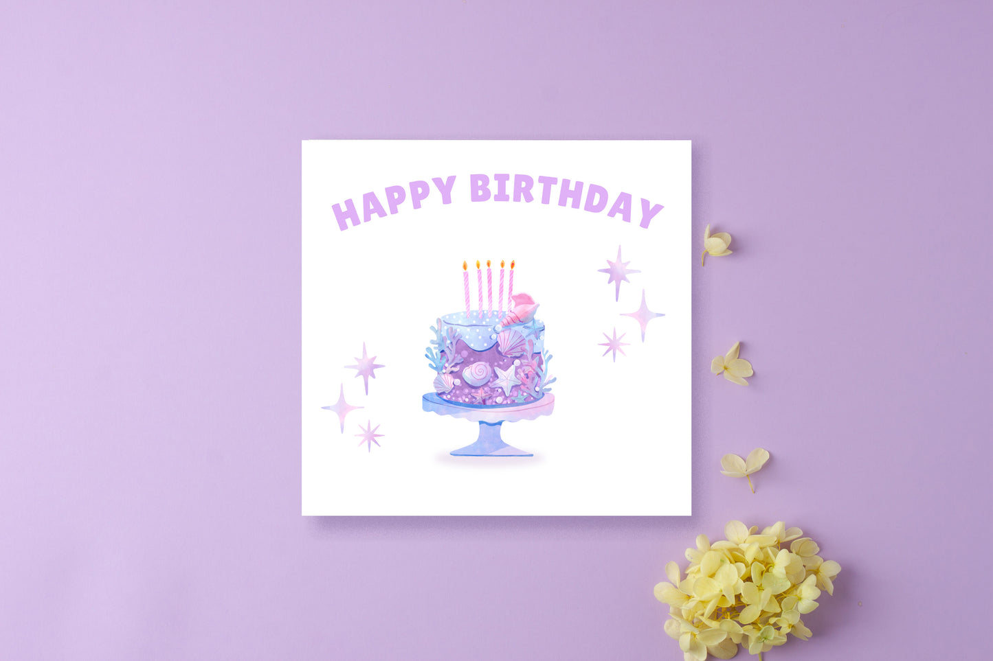 Little Mermaid Cake - Watercolour Style Birthday Folded Card for Girls who loves little mermaid theme, Happy Birthday Card, Birthday Card for Children