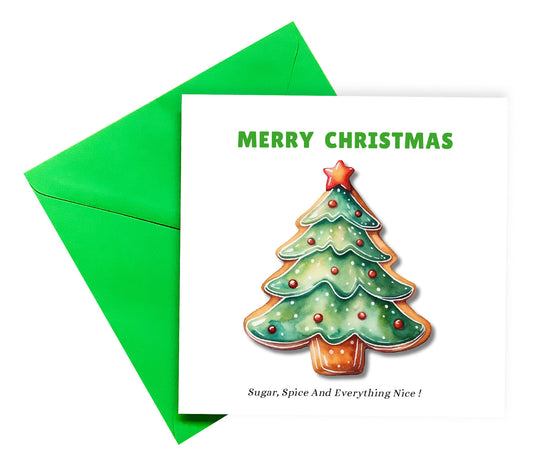 Merry Christmas Card - Gingerbread Xmas Tree Design - Watercolor Style Festive Card for Family, Friends, Coworkers & Loved Ones – Green Envelope Included