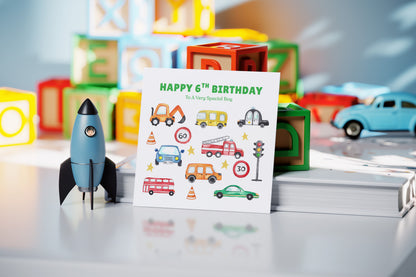 Happy 6th Birthday Card for Boys – Car Digger Bus Design, Boy Vehicle Birthday Card, Age 6 Years Old Birthday Card for Kids, Children, Boy, Son, Grandson, Nephew– Blue Envelope Included
