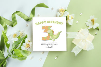 Dinosaur -Personalised Watercolour Effect 3 Year Birthday Folded Card for Boys, Custom Name and Message Three-Year-Old Happy 3rd Birthday Card, Customisable Birthday Card for Children