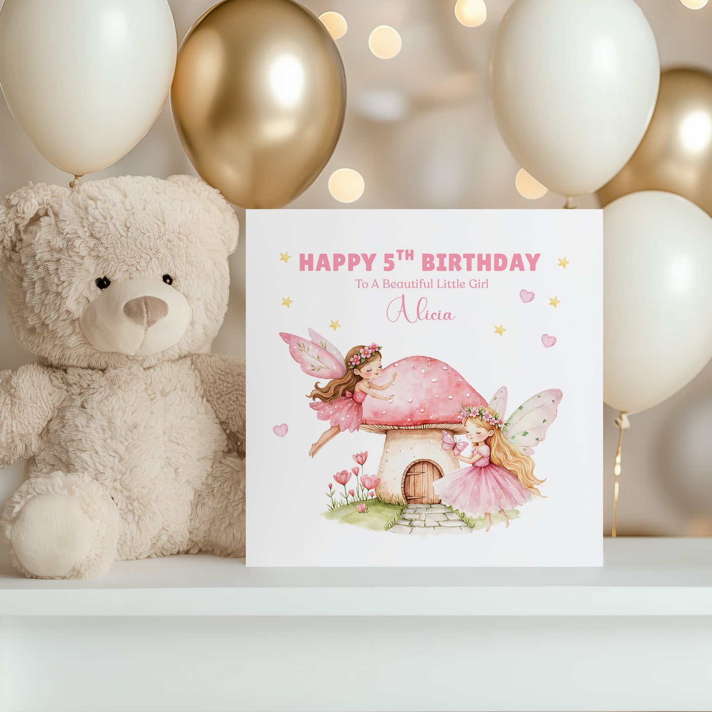 Personalised 5 Years Old 5th Birthday Card for Girls – Magical Fairy Design with Custom Name & Message - Age 5 Birthday Card for Kids Children Daughter Granddaughter Niece - Pink Envelope Included