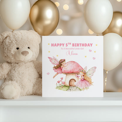 Personalised 5 Years Old 5th Birthday Card for Girls – Magical Fairy Design with Custom Name & Message - Age 5 Birthday Card for Kids Children Daughter Granddaughter Niece - Pink Envelope Included