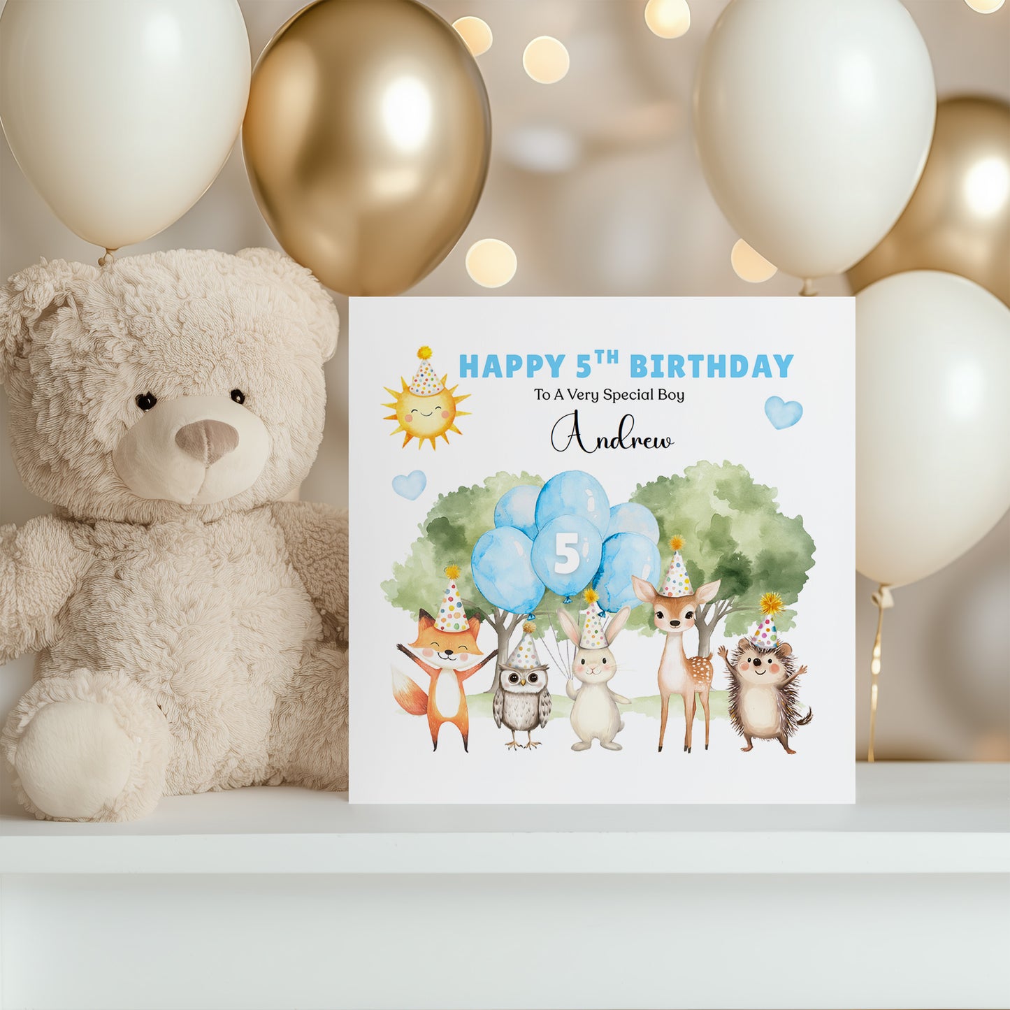 Personalised 5th Birthday Card for Boys – Woodland Animals Design with Custom Name and Message, Age 5 Years Old Birthday Card for Kids, Children, Boy, Son, Grandson, Nephew – Blue Envelope Included
