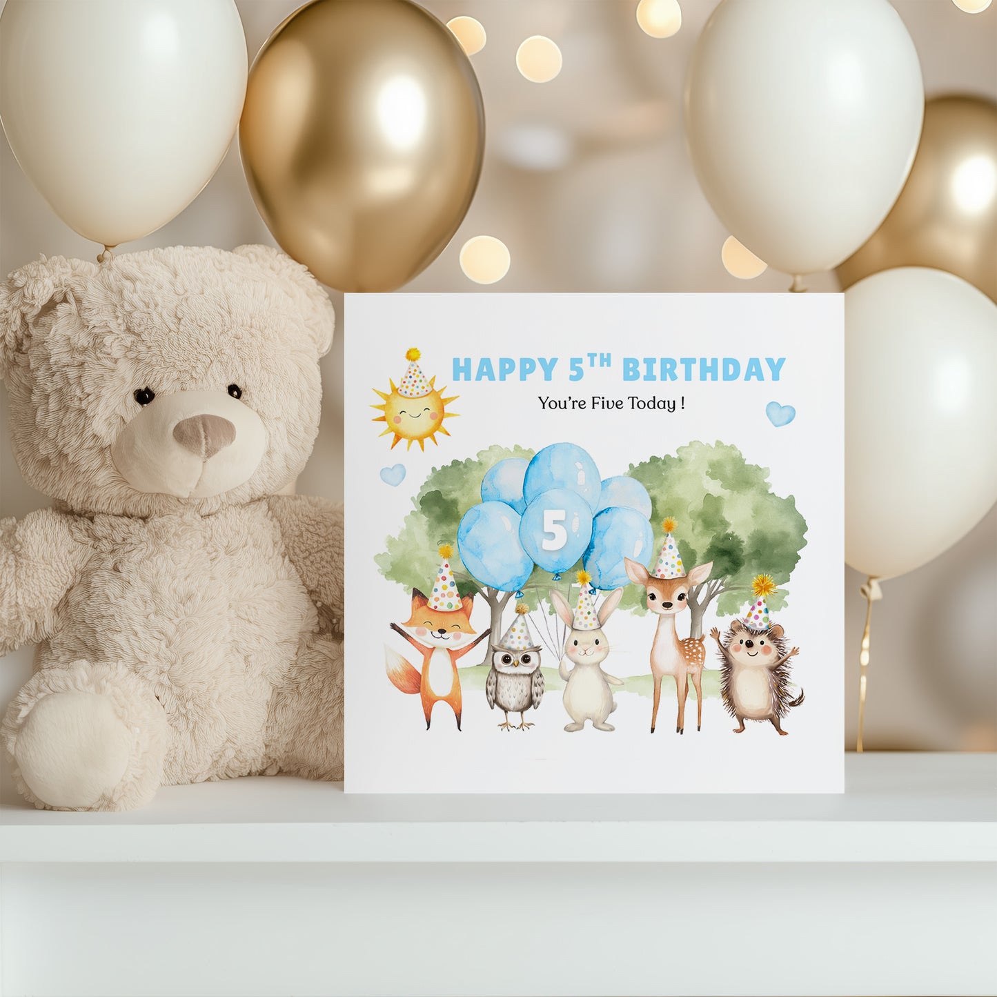 Woodland Animals 5th Birthday Card for Boys – Forest Animals Design Birthday Card for Age 5 Years Old Boy, Kids, Children, Son, Grandson, Nephew – Blue Envelope Included