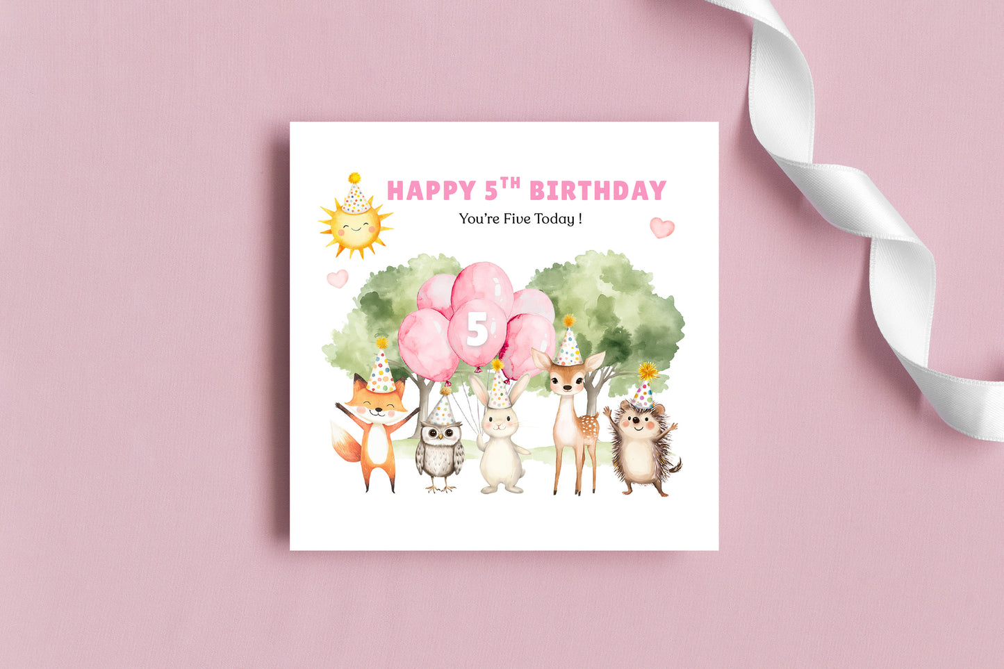 Woodland Animals 5th Birthday Card for Girls – Forest Animals Design Birthday Card for Age 5 Years Old Girl, Kids, Daughter, Granddaughter, Niece – Pink Envelope Included