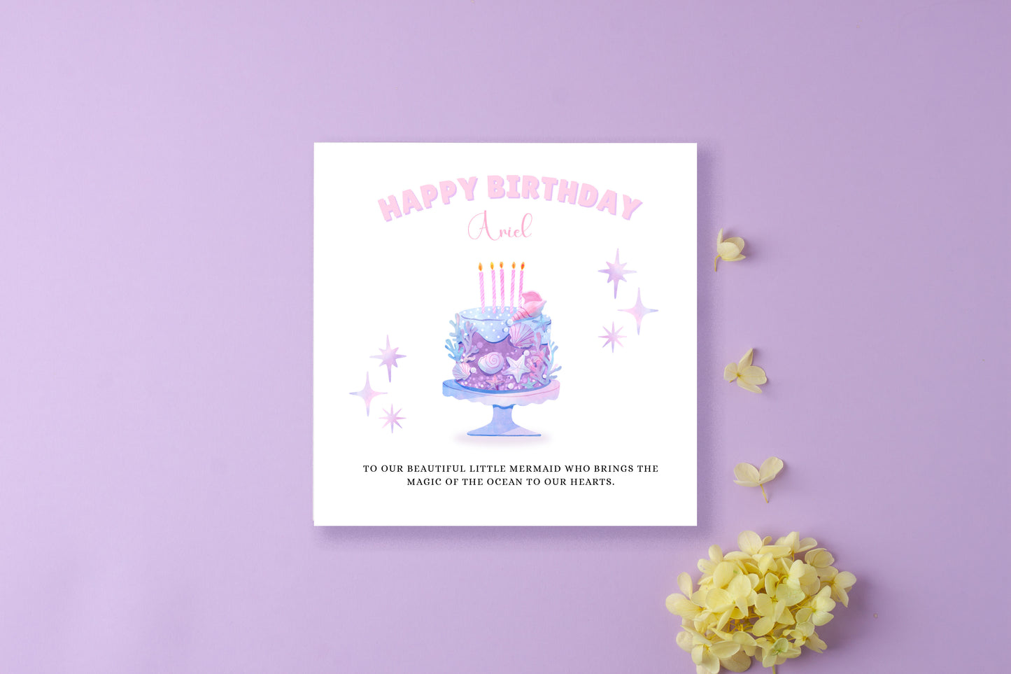 Little Mermaid Cake -Personalised Watercolour Style Birthday Folded Card for Girls who loves little mermaid theme, Custom Name and Message Happy Birthday Card, Customisable Birthday Card for Children