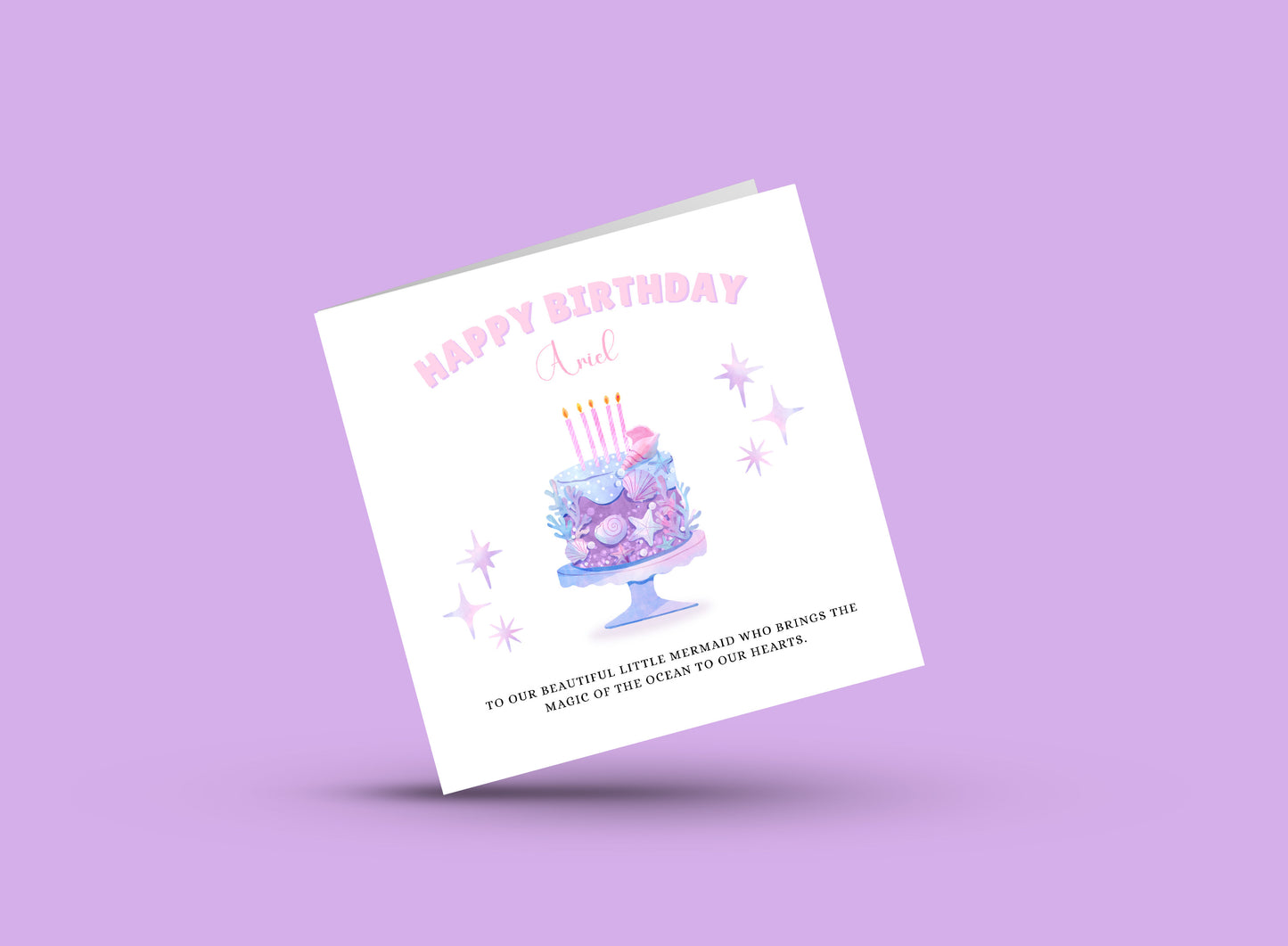 Little Mermaid Cake -Personalised Watercolour Style Birthday Folded Card for Girls who loves little mermaid theme, Custom Name and Message Happy Birthday Card, Customisable Birthday Card for Children