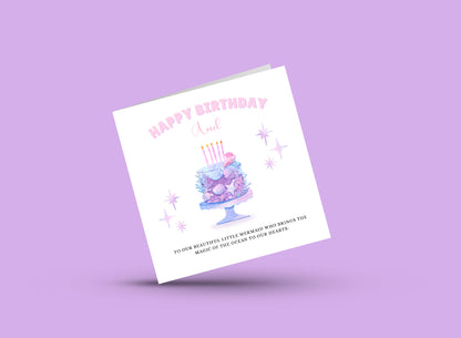 Little Mermaid Cake -Personalised Watercolour Style Birthday Folded Card for Girls who loves little mermaid theme, Custom Name and Message Happy Birthday Card, Customisable Birthday Card for Children