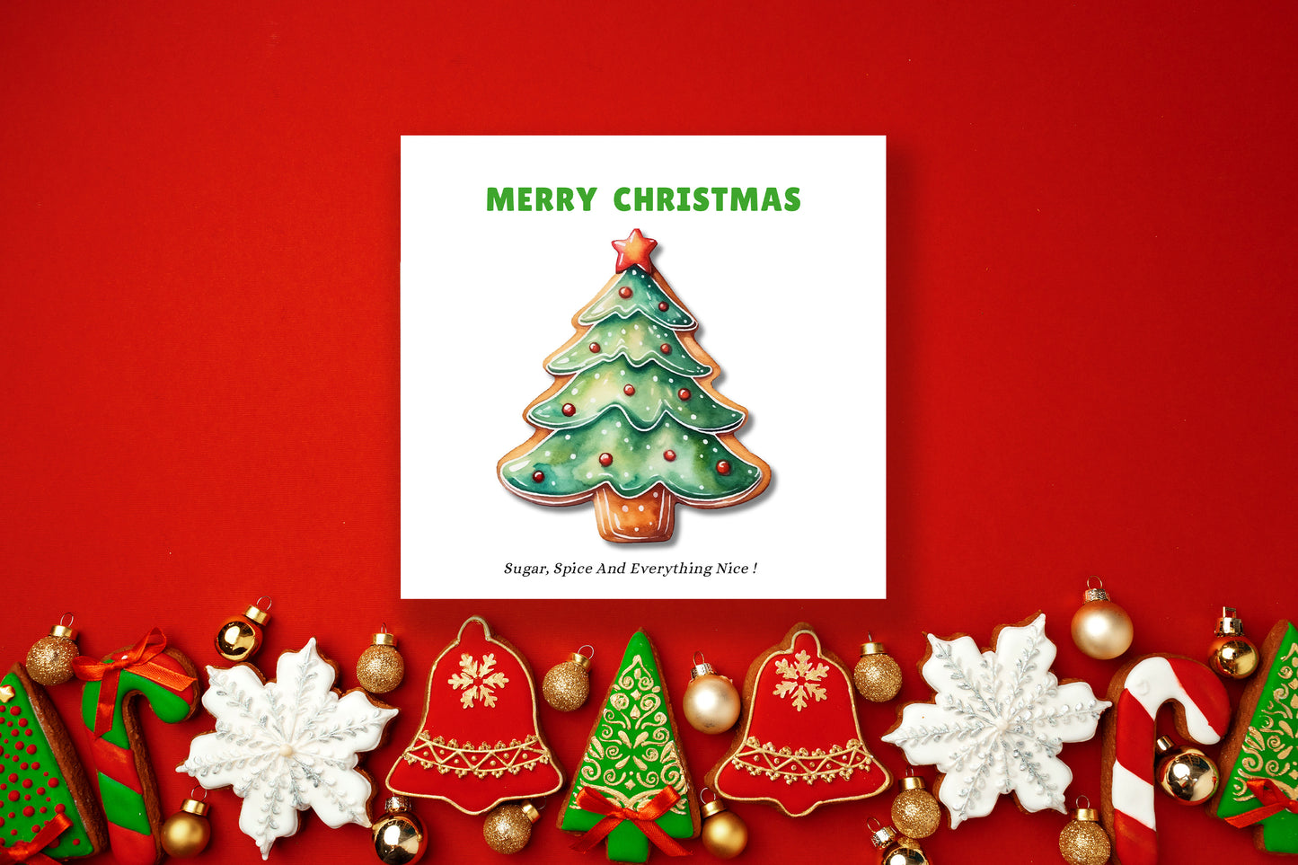 Merry Christmas Card - Gingerbread Xmas Tree Design - Watercolor Style Festive Card for Family, Friends, Coworkers & Loved Ones – Green Envelope Included