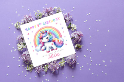 Personalised 5 Years Old 5th Birthday Card for Girls – Magical Unicorn Design with Custom Name & Message - Age 5 Birthday Card for Kids Children Daughter Granddaughter Niece - Purple Envelope Included