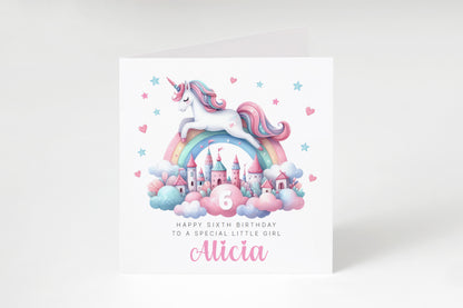 Personalised 6 Years Old 6th Birthday Card for Girls – Magical Unicorn Design with Custom Name & Message - Age 5 Birthday Card for Kids Children Daughter Granddaughter Niece - Pink Envelope Included