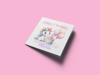 Personalised 1st Birthday Card for Baby Girl – Cute Unicorn Design with Customised Name– One Year Old First Birthday Card for Daughter, Granddaughter, Niece – Pink Envelope Included