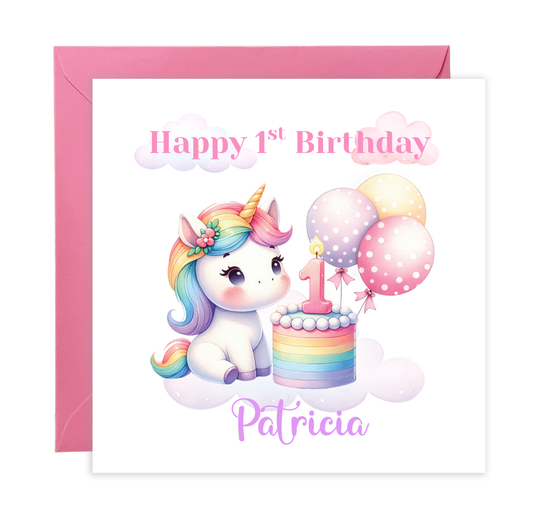 Personalised 1st Birthday Card for Baby Girl – Cute Unicorn Design with Customised Name– One Year Old First Birthday Card for Daughter, Granddaughter, Niece – Pink Envelope Included