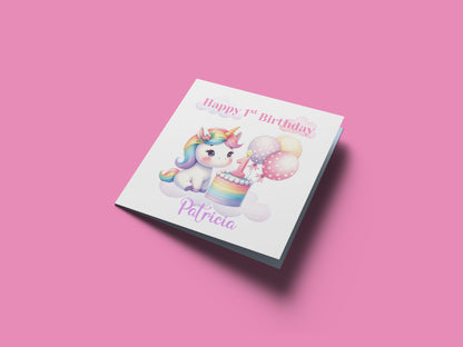 Personalised 1st Birthday Card for Baby Girl – Cute Unicorn Design with Customised Name– One Year Old First Birthday Card for Daughter, Granddaughter, Niece – Pink Envelope Included
