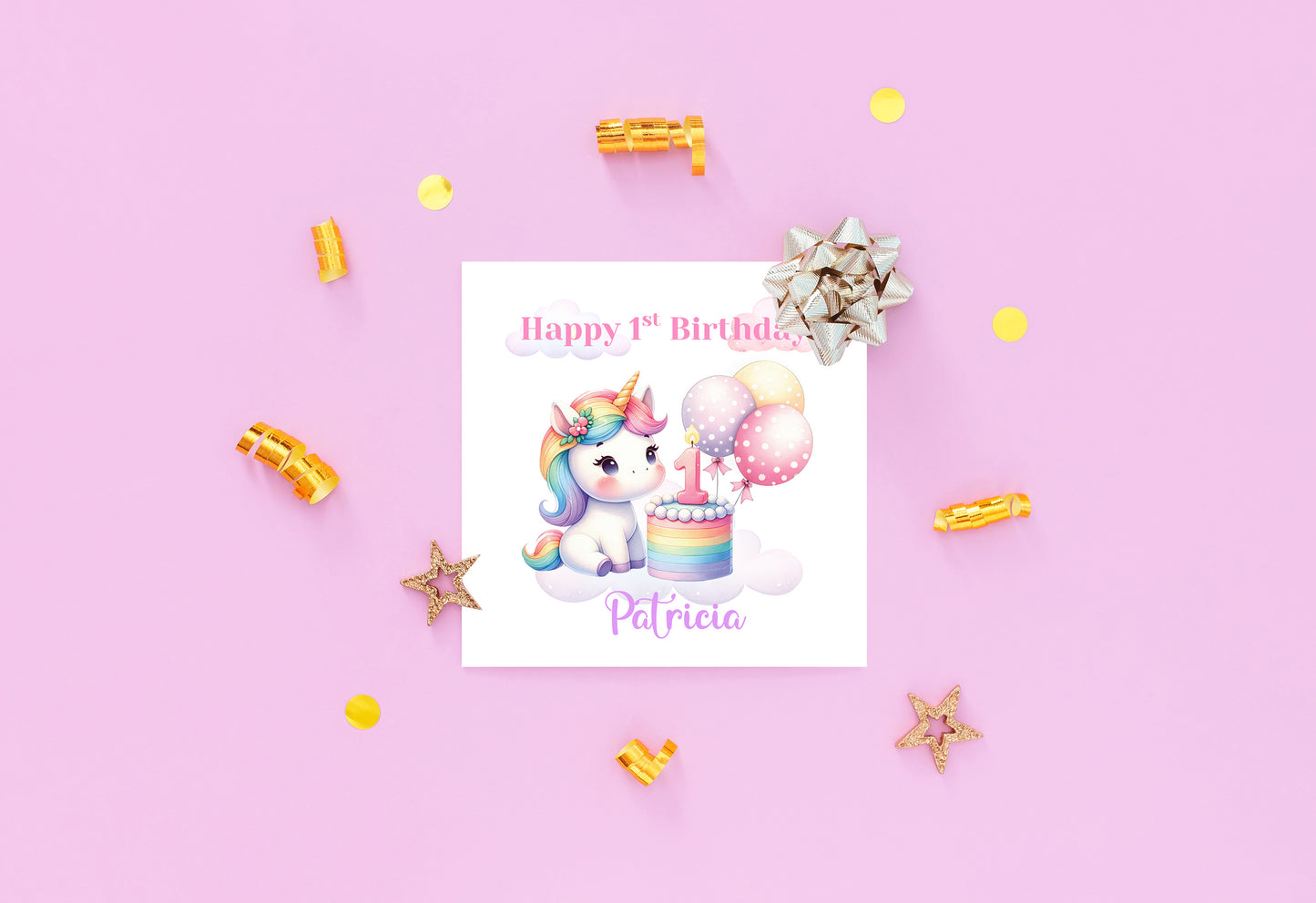 Personalised 1st Birthday Card for Baby Girl – Cute Unicorn Design with Customised Name– One Year Old First Birthday Card for Daughter, Granddaughter, Niece – Pink Envelope Included