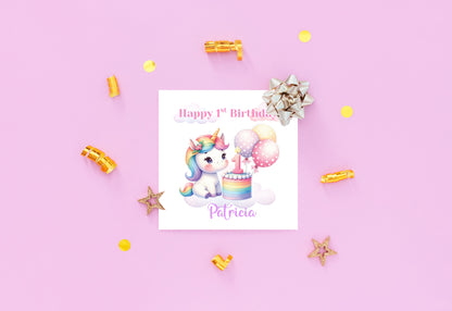 Personalised 1st Birthday Card for Baby Girl – Cute Unicorn Design with Customised Name– One Year Old First Birthday Card for Daughter, Granddaughter, Niece – Pink Envelope Included
