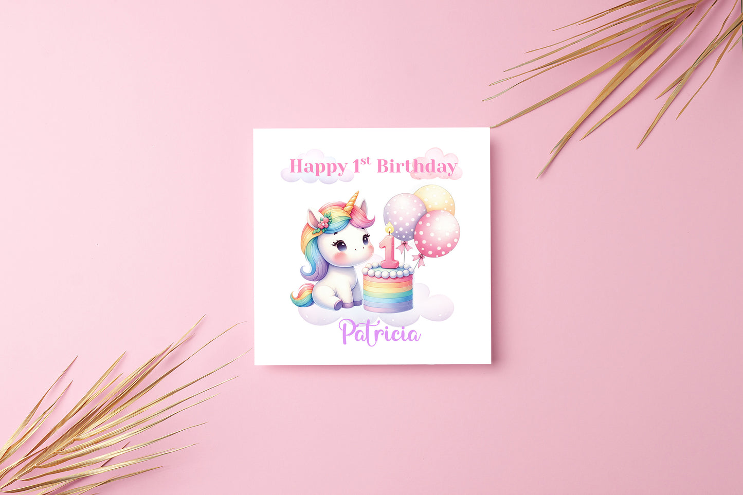 Personalised 1st Birthday Card for Baby Girl – Cute Unicorn Design with Customised Name– One Year Old First Birthday Card for Daughter, Granddaughter, Niece – Pink Envelope Included