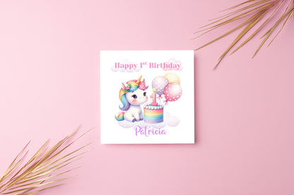 Personalised 1st Birthday Card for Baby Girl – Cute Unicorn Design with Customised Name– One Year Old First Birthday Card for Daughter, Granddaughter, Niece – Pink Envelope Included