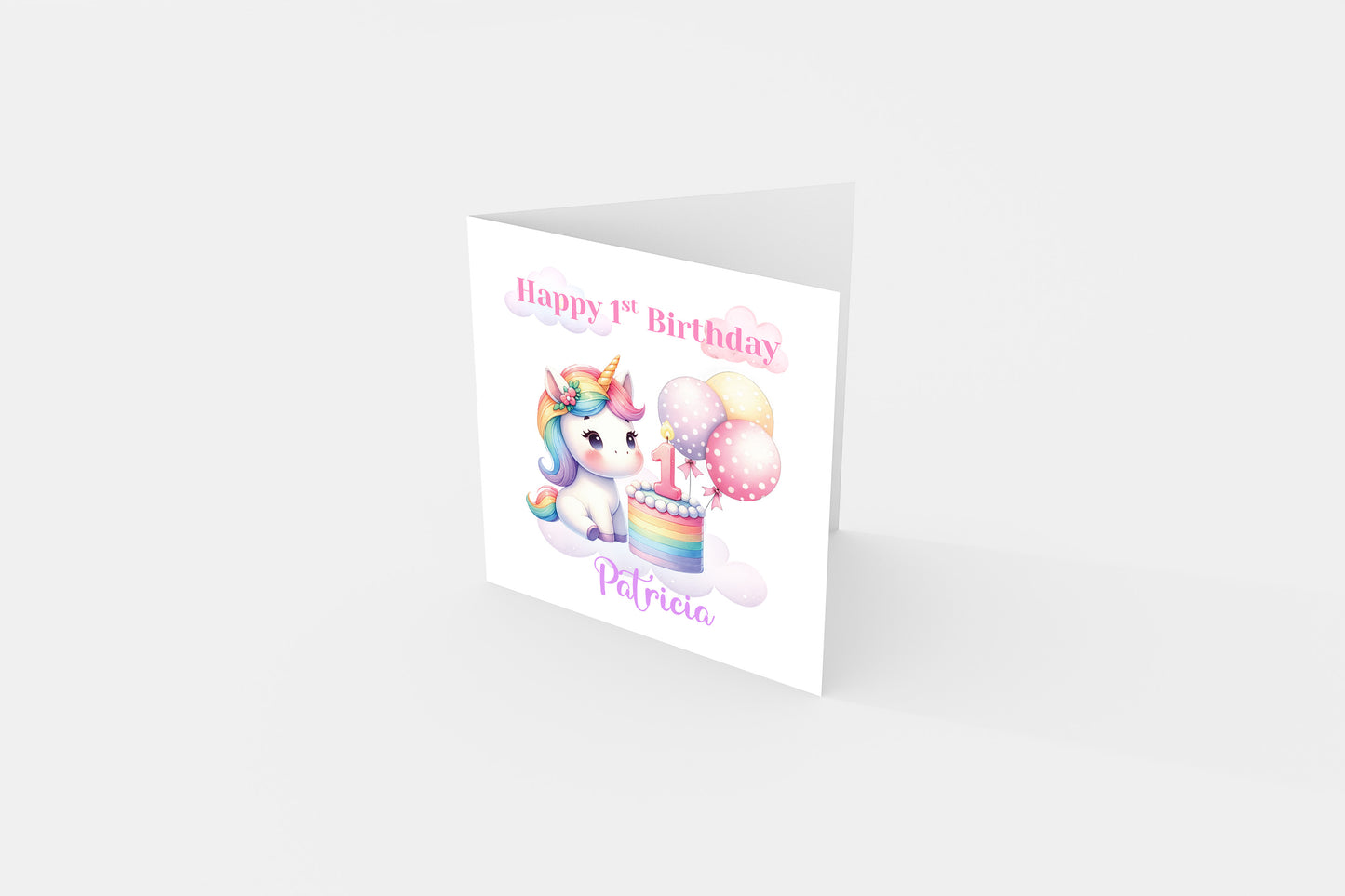 Personalised 1st Birthday Card for Baby Girl – Cute Unicorn Design with Customised Name– One Year Old First Birthday Card for Daughter, Granddaughter, Niece – Pink Envelope Included