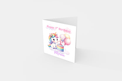Personalised 1st Birthday Card for Baby Girl – Cute Unicorn Design with Customised Name– One Year Old First Birthday Card for Daughter, Granddaughter, Niece – Pink Envelope Included