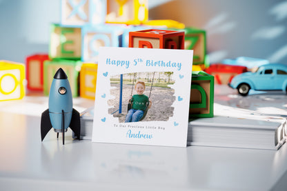 Personalised Photo 5th Birthday Card for Boys – Brush Stroke Frame with Custom Photo, Name & Message, Age 5 Years Old Fifth Birthday Card for Kids, Son, Grandson, Nephew –  Blue Envelope Included