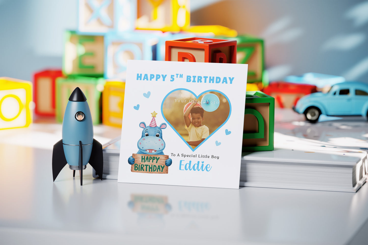Personalised Photo 5th Birthday Card for Boys – Hippo & Heart Frame with Custom Photo, Name & Message, Age 5 Years Old Fifth Birthday Card for Kids, Son, Grandson, Nephew –  Blue Envelope Included