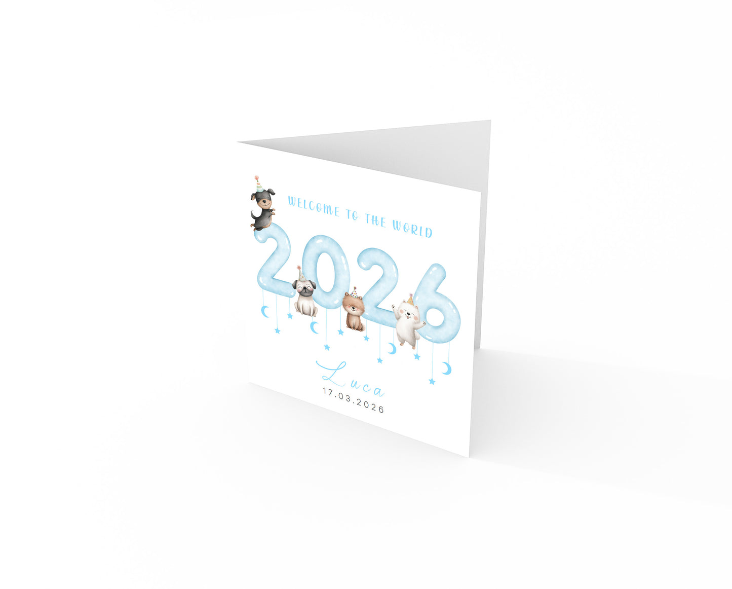 Personalised New Baby Boy Card Congratulations for Newborn Boy, Welcome To The World Card, Baby Shower for Son, Grandson, Nephew - Cute Puppy Dogs Design with Custom Name and Date with Blue Envelope