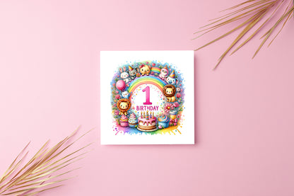 1st Birthday Card for Baby Girl – Colourful Animal Design – Watercolour One Year Old First Birthday Card for Girl, Little One, Daughter, Granddaughter, Niece – Pink Envelope Included