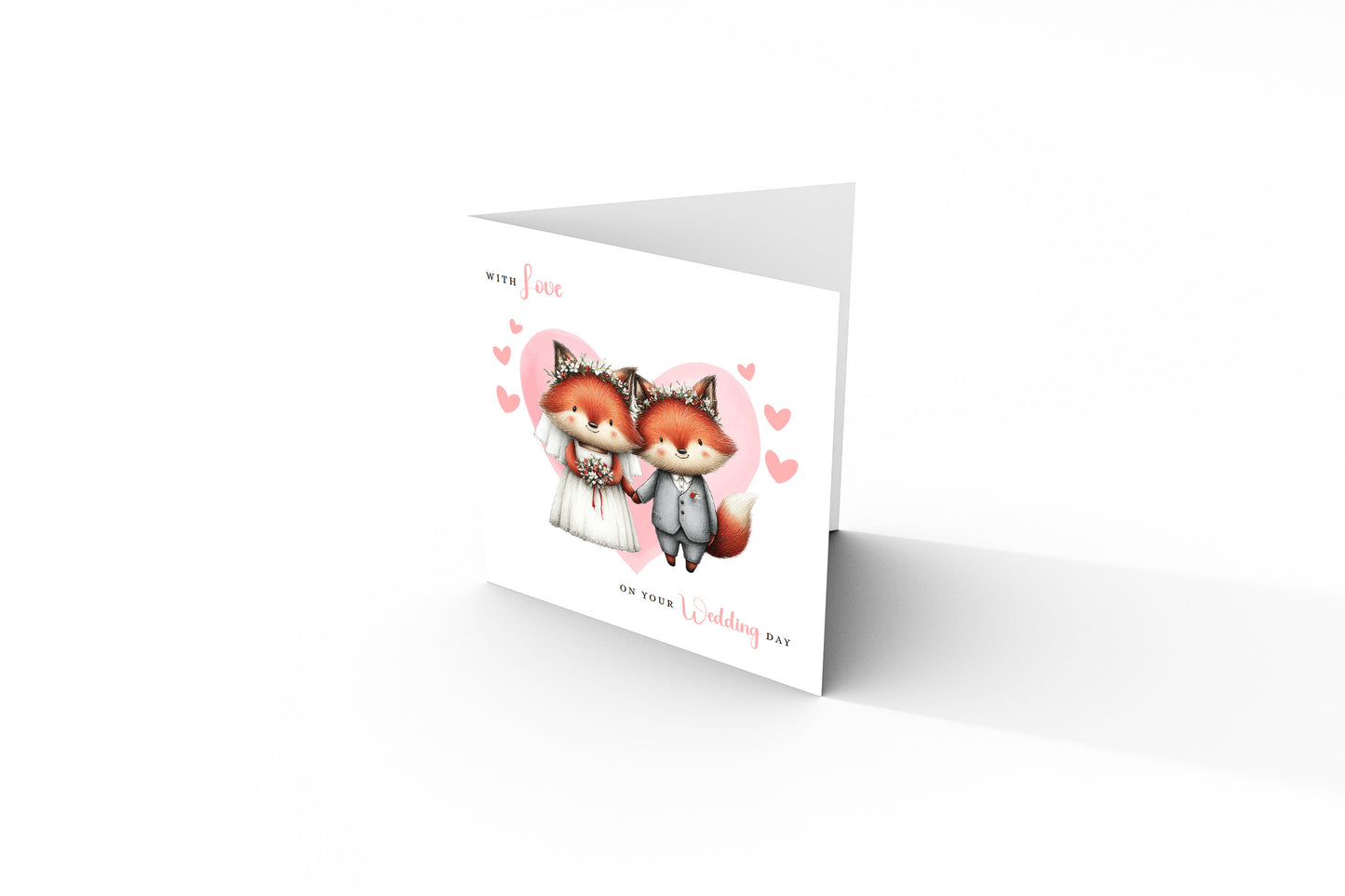 Cute Fox Wedding Card – Wedding Congratulations Card – Adorable Animal Wedding Card – Romantic Wedding Day Card for Newlywed couples, Animal Lovers, Him or Her – Pink Envelope Included