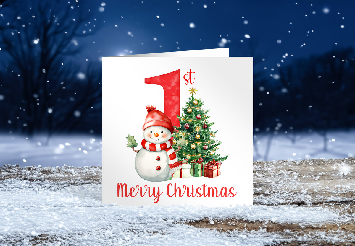 Happy Baby Boy or Baby Girl's First Christmas Card – Snowman and Xmas Tree