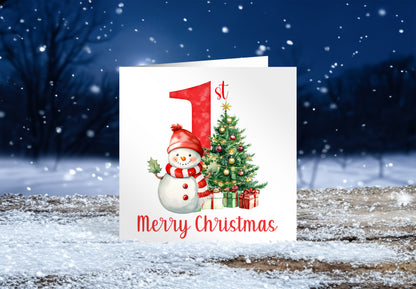 Happy Baby Boy or Baby Girl's First Christmas Card – Snowman and Xmas Tree