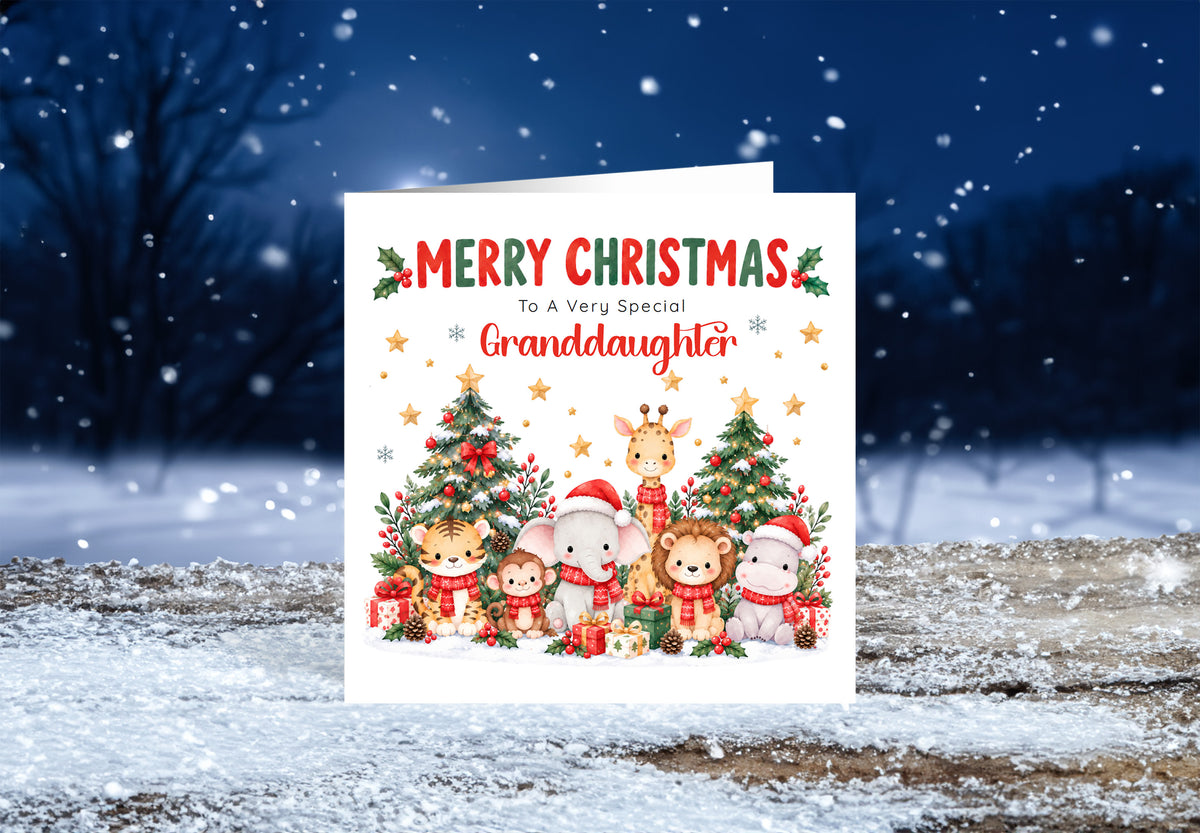 Jungle Animals Christmas Card for Granddaughter - Cute Safari Animals Design