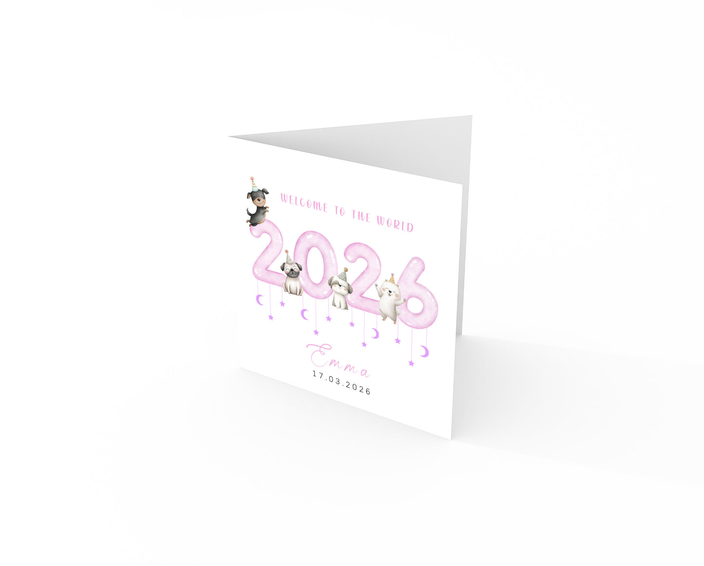 Personalised New Baby Girl Card Congratulations for Newborn Girl, Welcome To The World Card for Daughter, Granddaughter, Niece - Cute Puppy Dogs Design with Custom Name and Date with Pink Envelope