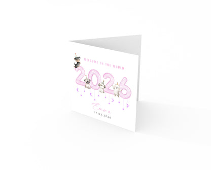 Personalised New Baby Girl Card Congratulations for Newborn Girl, Welcome To The World Card for Daughter, Granddaughter, Niece - Cute Puppy Dogs Design with Custom Name and Date with Pink Envelope