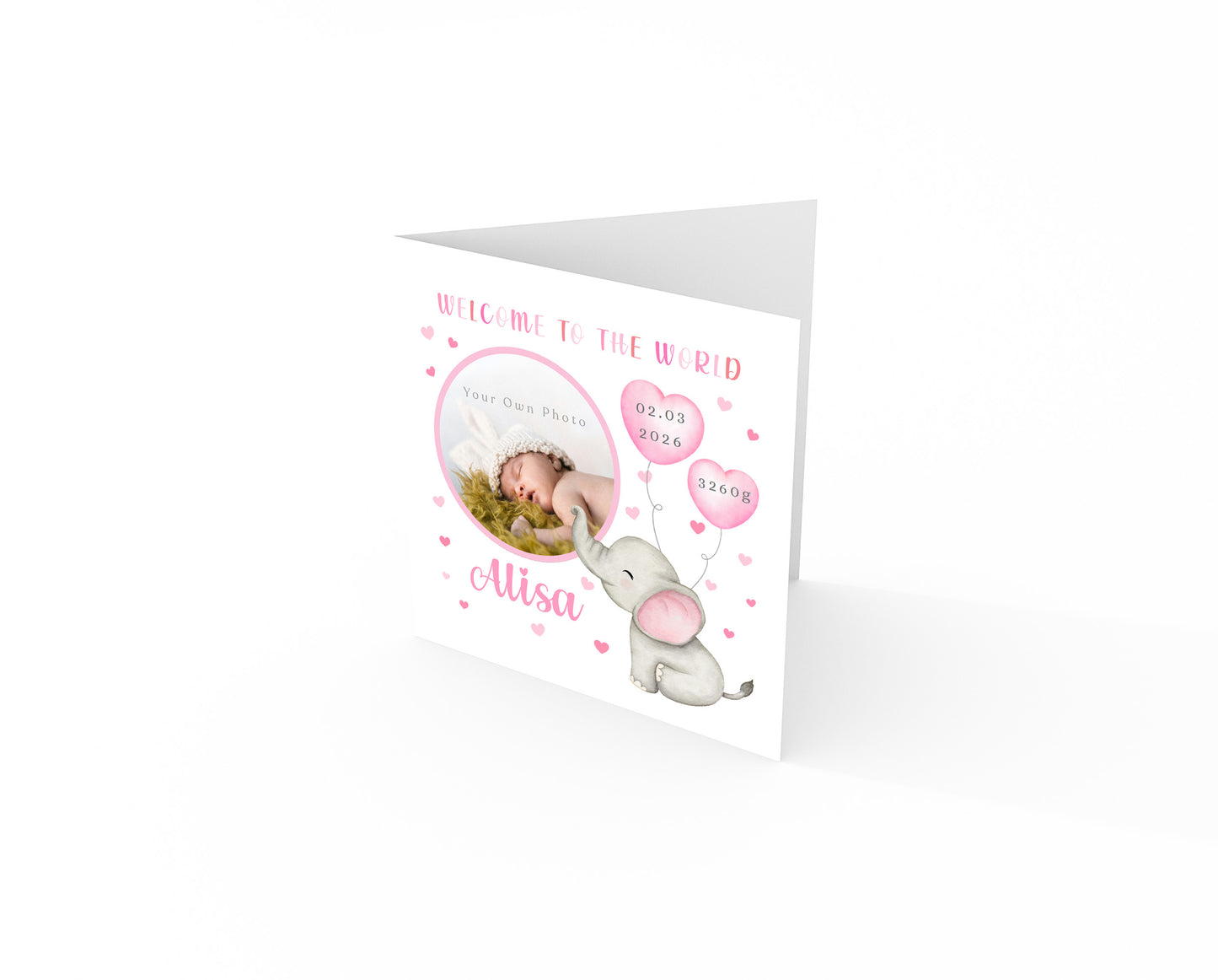 Personalised Phoro New Baby Girl Card Congratulations for Newborn Daughter, Granddaughter, Niece - Welcome To The World Card - Custom Photo Frame with Name, Birth Date & Weight with Pink Envelope