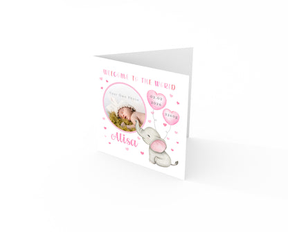 Personalised Phoro New Baby Girl Card Congratulations for Newborn Daughter, Granddaughter, Niece - Welcome To The World Card - Custom Photo Frame with Name, Birth Date & Weight with Pink Envelope