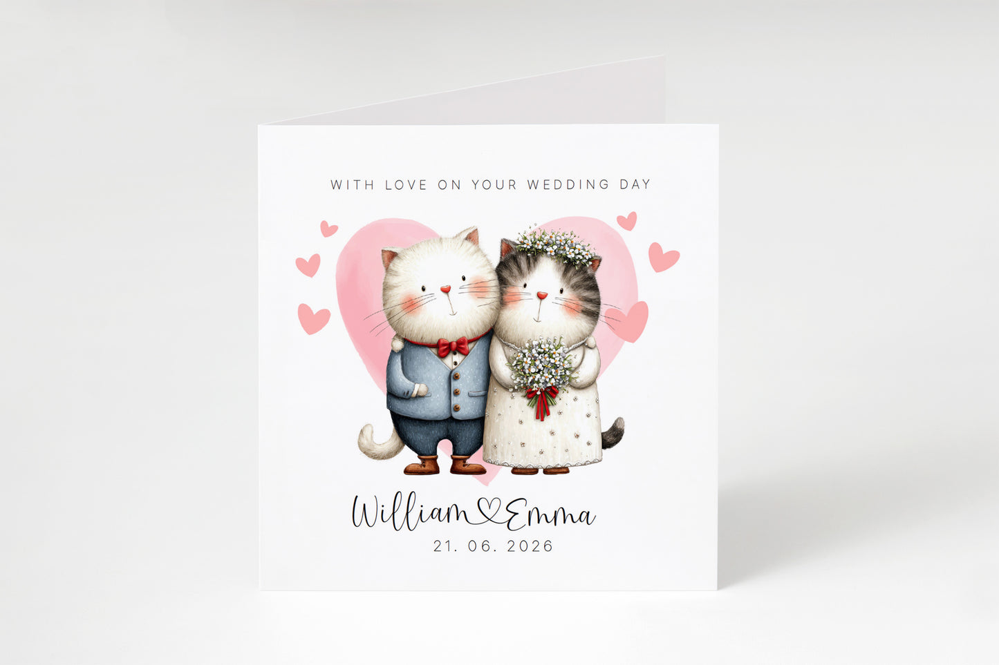 Personalised Wedding Card – Custom Couple's Names & Wedding Date – Cute Cats Design - Wedding Congratulations Card for Newlywed couples, Cat Lovers, Him or Her - Pink Envelope Included
