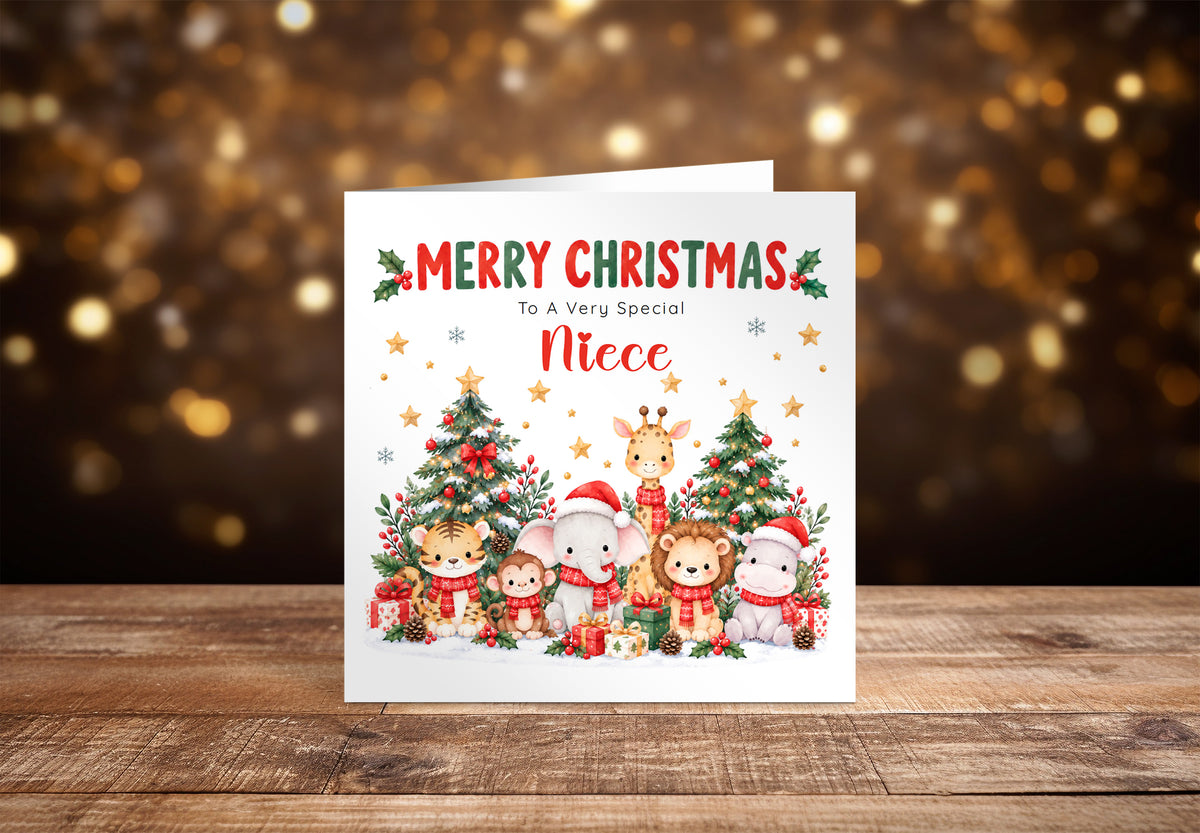 Jungle Animals Christmas Card for Niece - Cute Safari Animals Design