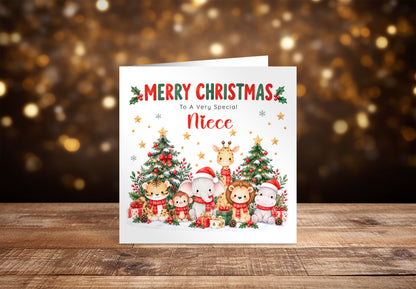 Jungle Animals Christmas Card for Niece - Cute Safari Animals Design