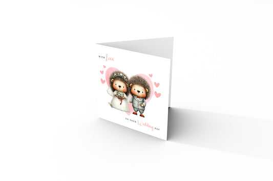 Cute Hedgehog Wedding Card – Wedding Congratulations Card – Adorable Animal Wedding Card – Romantic Wedding Day Card for Newlywed couples, Animal Lovers, Him or Her – Pink Envelope Included