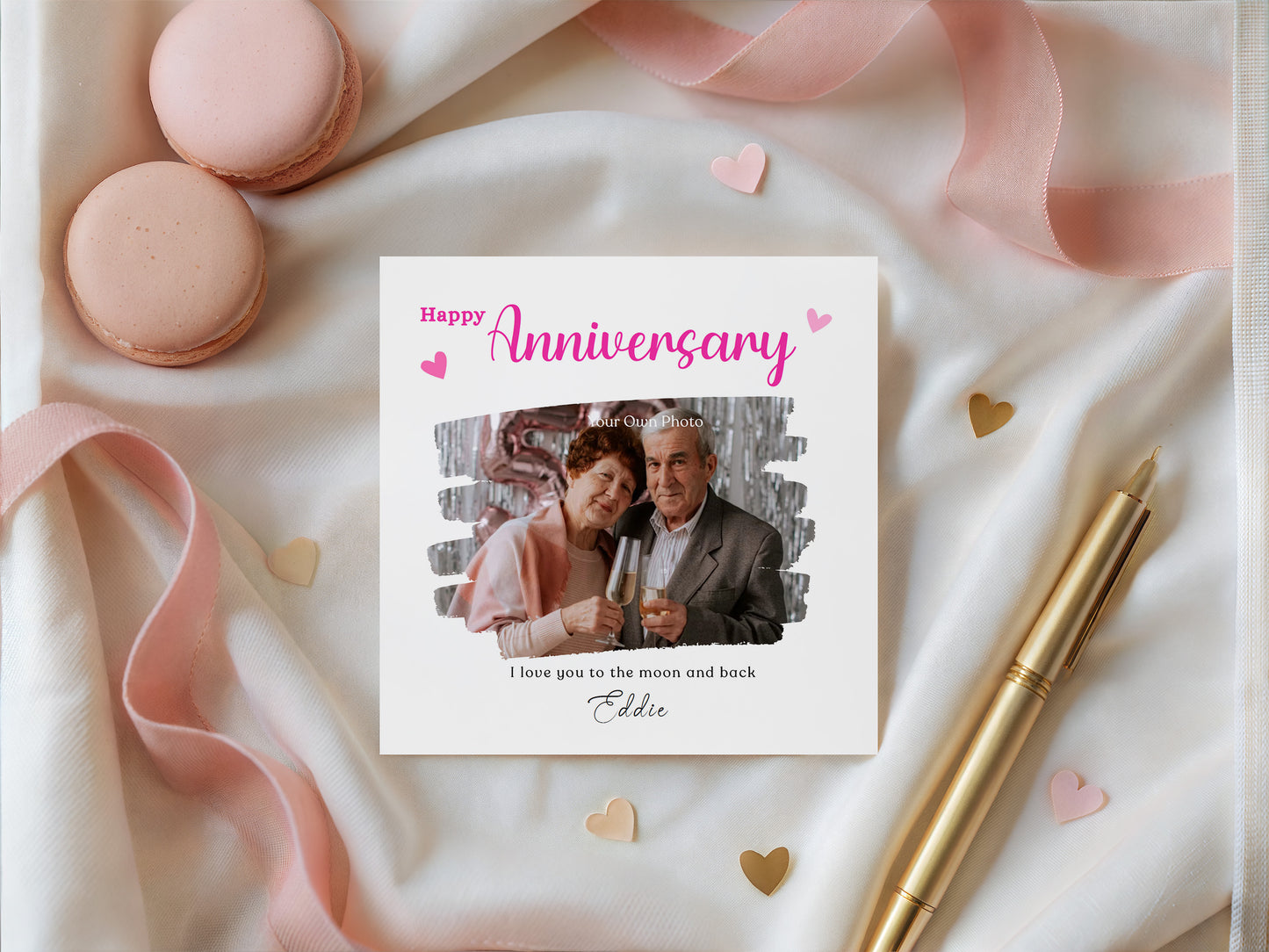 Personalised Photo Anniversary Card - Paintbrush Photo Frame Design - Custom Message, Name & Photo for Wedding, Relationship Milestone, Him, Her, Wife, Husband, Couple - Pink Envelope Included