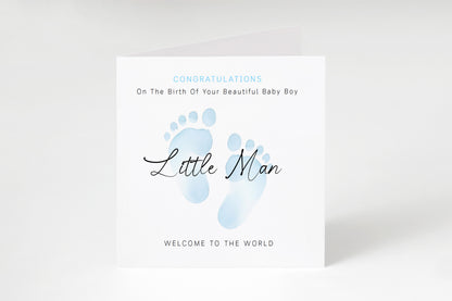 New Baby Boy Card Congratulations for Newborn Boy, Welcome To The World Card, Baby Shower for Son, Grandson, Nephew, Little One - Baby Feet Design - Blue Envelope Included